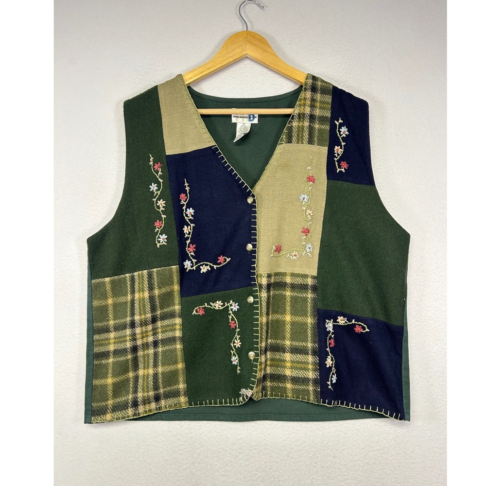 Cottagecore Paul Harris Design Womens XL Green Patchwork Wool Floral Plaid Vest‎